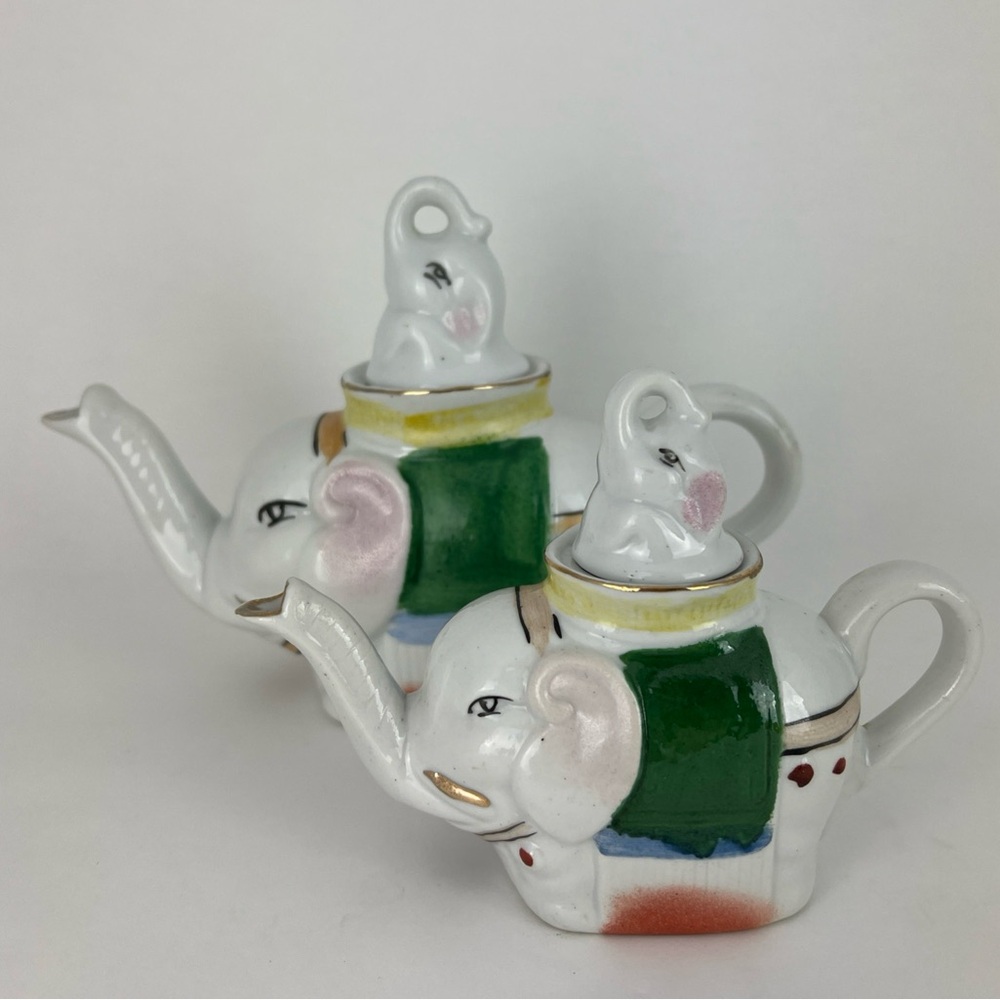Vintage Pier 1 Set Of 2 Elephant Teapot & Creamer W/ Lids Porcelain Painted